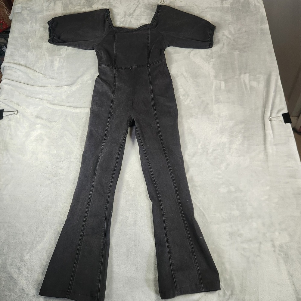 Madden Girl Black Denim Puff Sleeve Jumpsuit Zip Up Size XS Grunge Y2K Festival